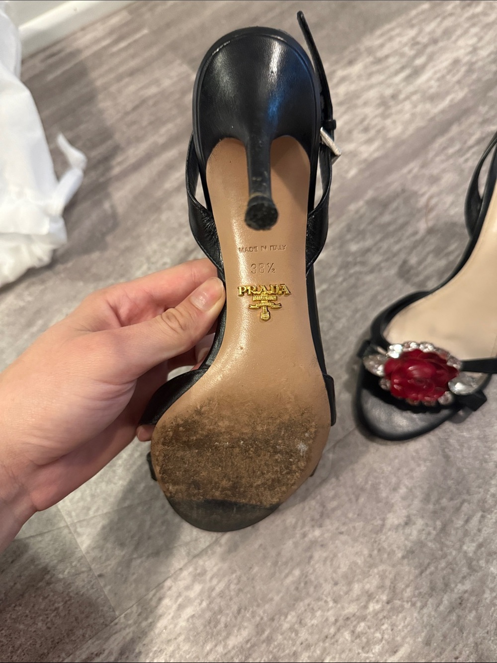 Prada Black Leather Slingback Sandals with Red Flower Embellishment - Picture 2 of 5